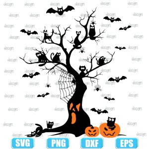 black cat halloween tree,halloween svg,halloween svg images,halloween shirt svg